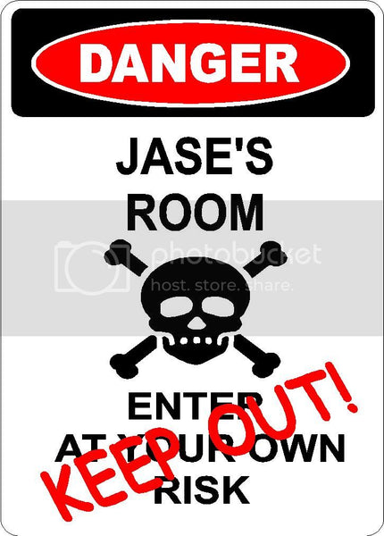 JASE Danger enter at own risk KEEP OUT room  9" x 12" Aluminum novelty parking sign wall décor art  for indoor or outdoor use.