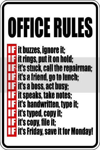 9"x12" Aluminum  office rules  funny  parking sign for indoors or outdoors