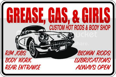 9"x12" Aluminum  grease gas and girls garage mechanic funny  parking sign for indoors or outdoors