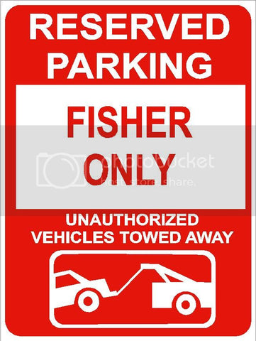 9"x12" FISHER ONLY RESERVED parking aluminum novelty sign great for indoor or outdoor long term use.