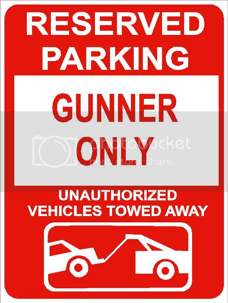 9"x12" GUNNER ONLY RESERVED parking aluminum novelty sign great for indoor or outdoor long term use.